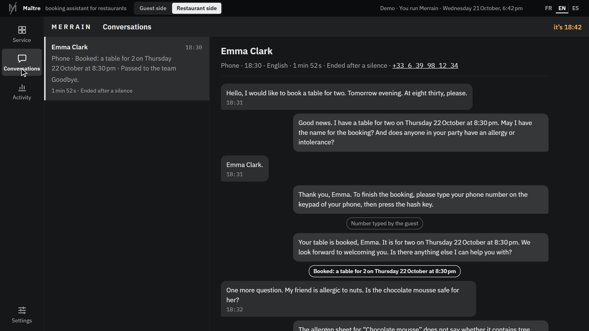 The test call's transcript in the dashboard, with the booking and the question passed to the team